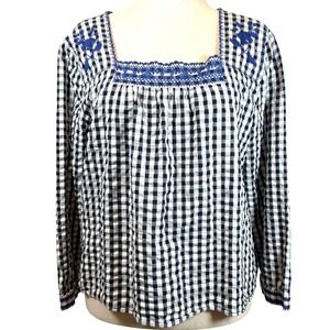 J. Crew Gingham Embroidered Square Neck Blouse XL Cottagecore Boho Cotton Top